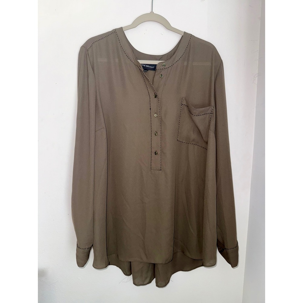 Lane Bryant Women Olive Green Henley Tunic Blouse Pick Stitch Top 26/28